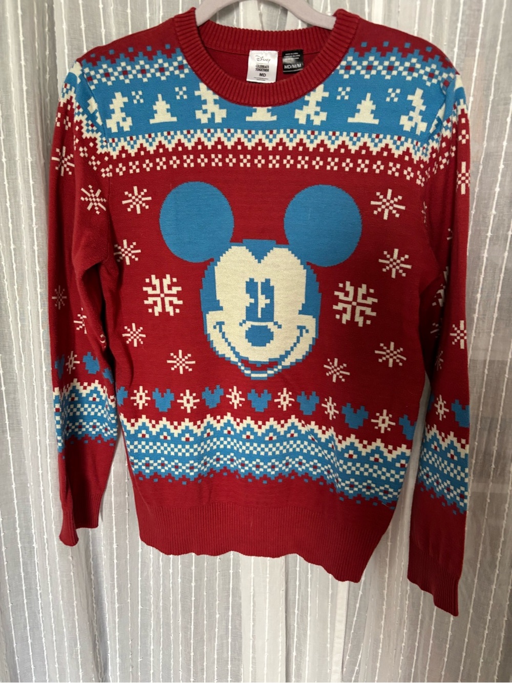 Disney Red and Blue Mickey Mouse Holiday Crewneck Sweater Medium